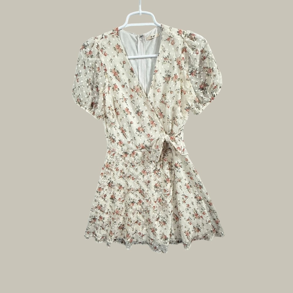 Mi Ami Women Floral Swiss Dot Faux Wrap Mini Dress Cream Pink Size S Puff Sleeve